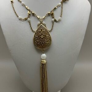 Gold and White Tassel Necklace with Pearl Accents